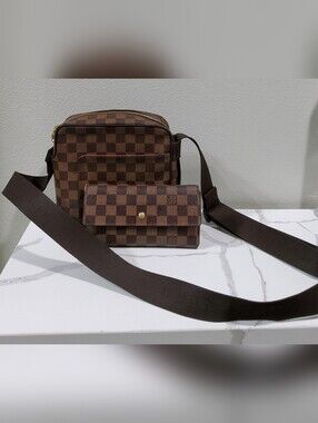 Unisex LOUIS VUITTON Damier Olaf Brown Crossbody Bag with Matching Wallet